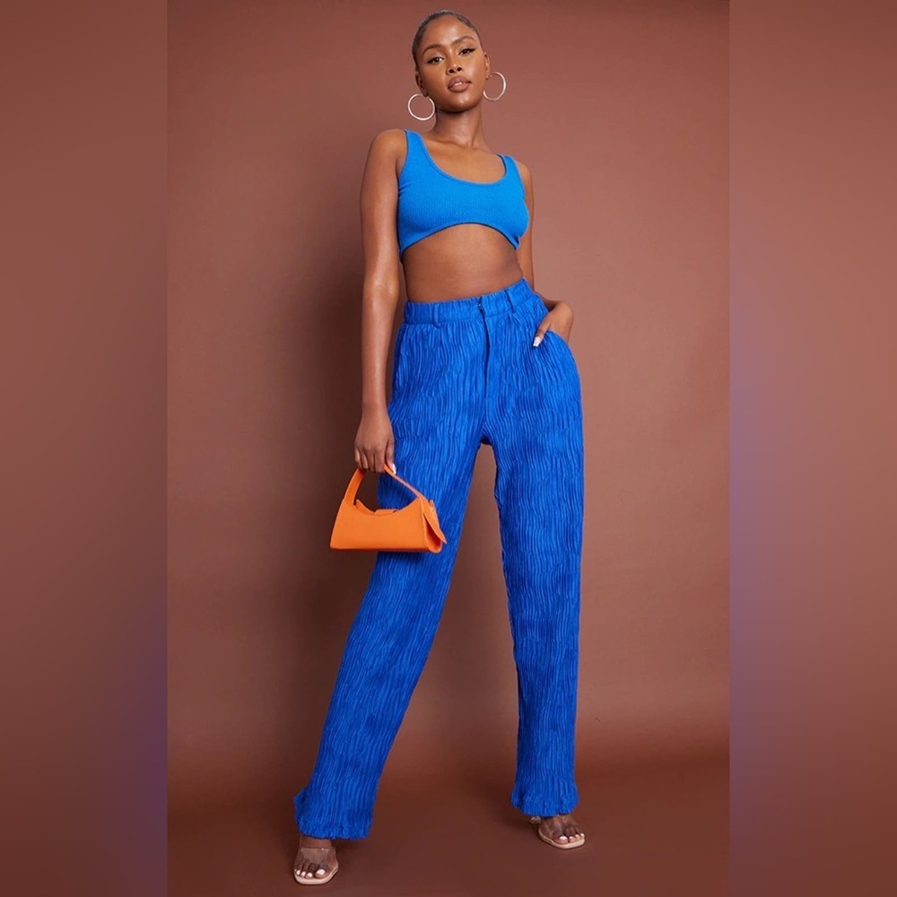 NWT PrettyLittleThing Cobalt Blue Woven Pleated Straight Leg Trousers Size 8 $48